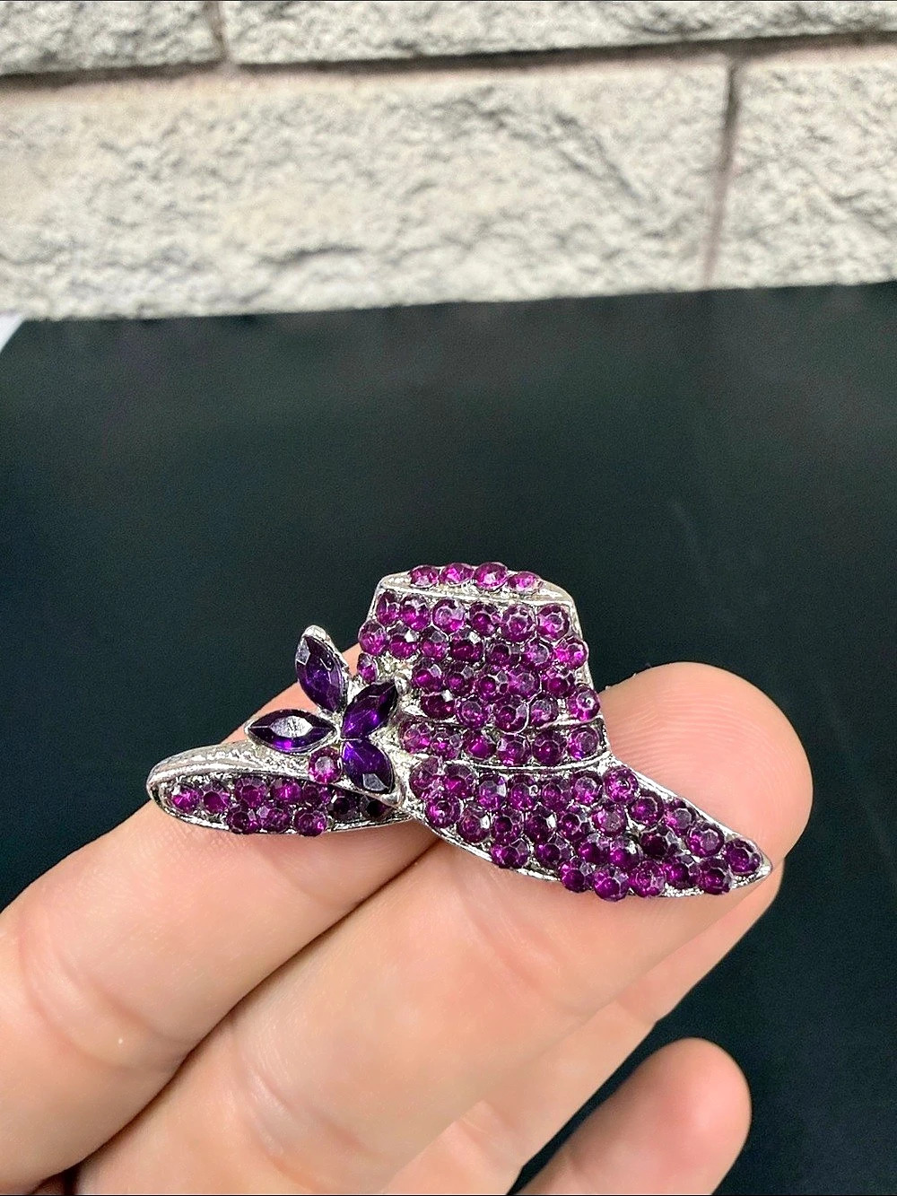 Purple Rhinestone Wide Brim Hat Brooch Silver Tone Floral Fashion Pin